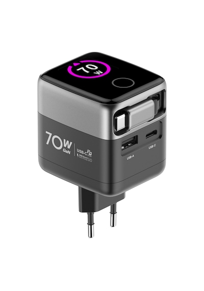 Xenon Smart Hızlı Şarj Adaptörü 70w, Gan, Usb-c & Usb-a, Dahili Type-c Kablo, Pd Pps, Dijital Ekran X6413