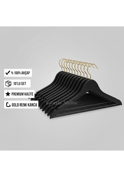 Faravis Atelier 10 Adet Ahşap Vernikli Askılık Elbise Gömlek Kıyafet Askısı Cilalı Premium Kalite Gold - Siyah