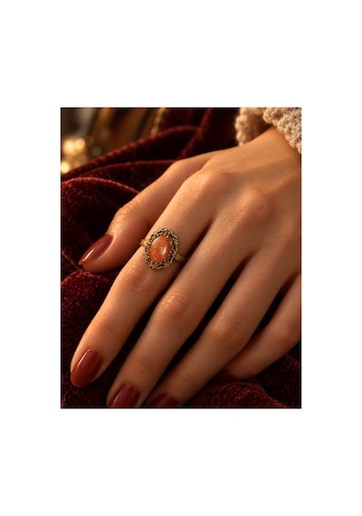 Esoo Jewelry Vintage Oval Taşlı Ayarlanabilir Yüzük Antik Pirinç Kadın Gold
