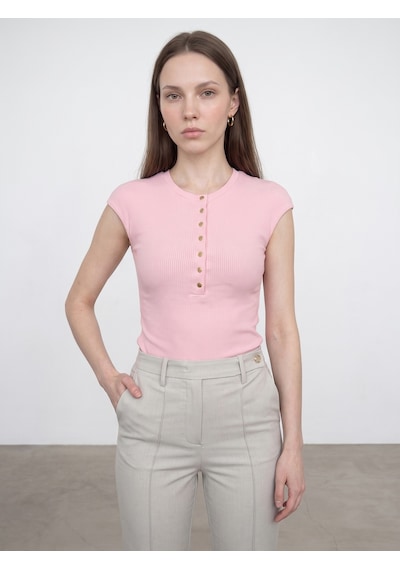 Dilvin 31887 Düğmeli Kısa Kollu Top-toz Pembe