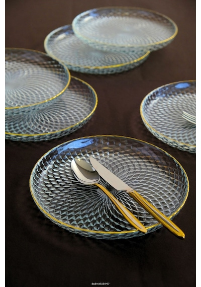 Tabak Evi Altın Yaldız Cam Pasta Tabağı 19cm 6 Lı 2339 Şeffaf