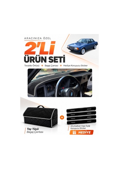 Ford Taunus 1985-1994 Uyumlu Torpido Örtüsü + Tay Tüyü Bagaj Çantası + Sticker Seti - Siyah Gri
