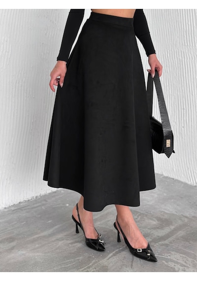 Ozy Fashion Kadın Süet Kloş Etek Siyah