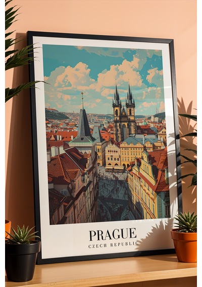 Prague Czech Republic Vintage Seyahat Posteri Çerçeveli Tablo - Premium Prag Elit Duvar Dekoru Siyah