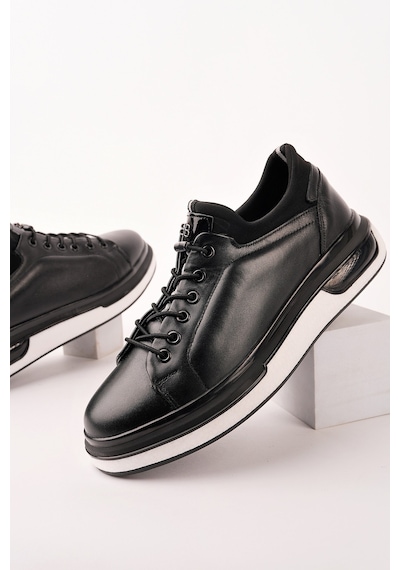Muggo Reid Hakiki Deri Erkek Kalın Taban Bağcıklı Günlük Casual Sneaker Siyah