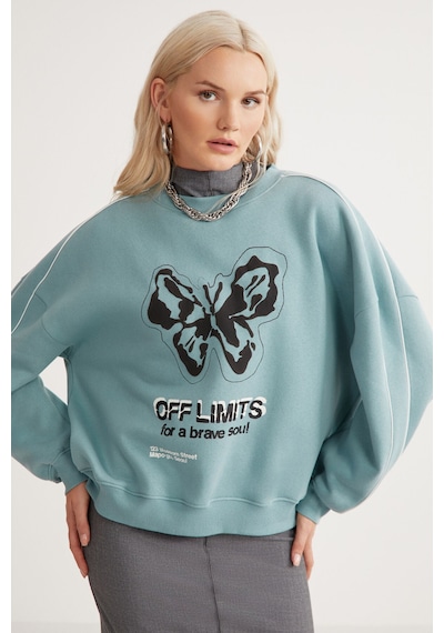 Grımelange Raketı Kadın Içi Polarlı Yumuşacık Bisiklet Yaka Biye Ve Parça Baskılı Relaxed Yeşil Sweatshirt