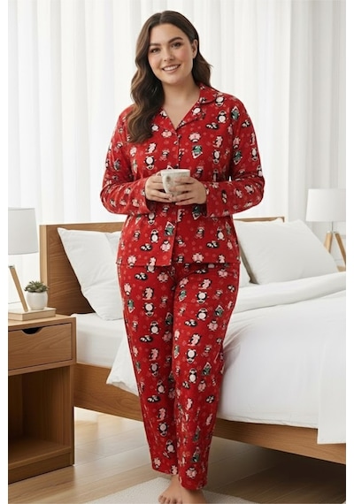 Siyah İnci Curve Büyük Beden Battal Boy Düğmeli Pamuklu Pijama Takımı 7617 Kırmızı Penguenli Siyah İnci Curve Büyük Beden Battal Boy Düğmeli Pamuklu Pijama Takımı 7617 Kırmızı Penguenli