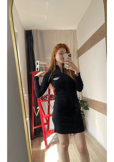 Yarım Balıkçı Kaşkorse Mini Uzun Kollu Elbise Siyah