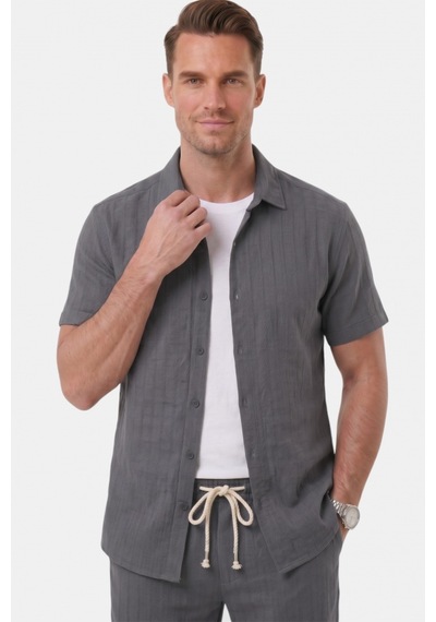 Deep Sea Deepsea Füme Slim Fit Çizgi Dokulu Keten Görünümlü Kısa Kol Erkek Spor Gömlek 2602648