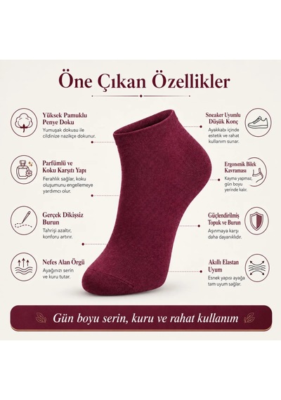 Genel Erkek Pamuklu Patik Çorap 12'li 39-44 Dikişsiz Burun, Koku Karşıtı, Nefes Alan Sne Bordo / 39-44