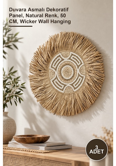 3 Adet Hasır Pano Duvara Asmalı Dekoratif Panel, Natural Renk, 50 Cm, Wicker Wall Hanging
