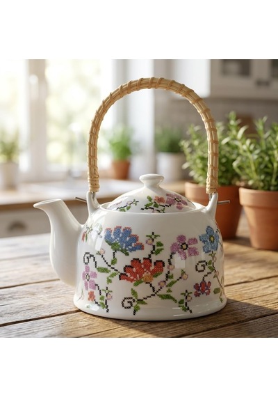 Porselen Çini Piraye Demlik - Bambu/hasır Saplı, Ateşe Dayanıklı Nostaljik Bitki Çayı Ve Çay Demliği 900 Ml - 2 Farklı Desen Seçeneği Pıraye Çok Renkli