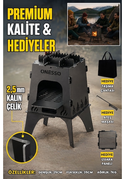 Onesso Camp Katlanabilir Ateş Kutusu Kamp Ocağı 2.5mm Kalın Çelik - Taşıma Çantası Hediyeli, Portatif Izgaralı Odun Sobası, 3'ü Bir Arada Yemek & Çay & Isınma Siyah