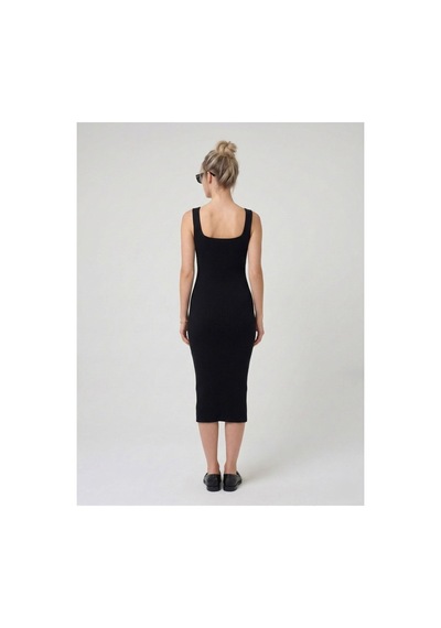Neden Tekstil Premium Fit Kare Yaka Fitilli Triko Midi Elbise - Siyah