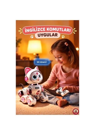 Oyuncak Uzaktan Kumandalı Sensörlü Akıllı Robot Kedi İngilizce Sesli Komutlu Şarjlı Işıklı Sesli Dans Eden Programlanabilir Full Fonksiyon Rc Kedi Pembe