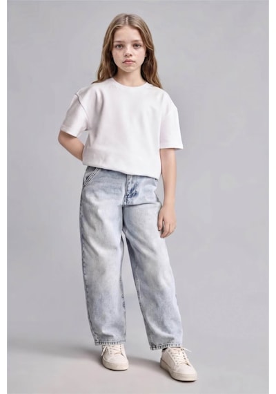 Defacto %100 Pamuk Baggy Fit Açık Mavi Kız Çocuk Jean Pantolon H6244a8/nm39