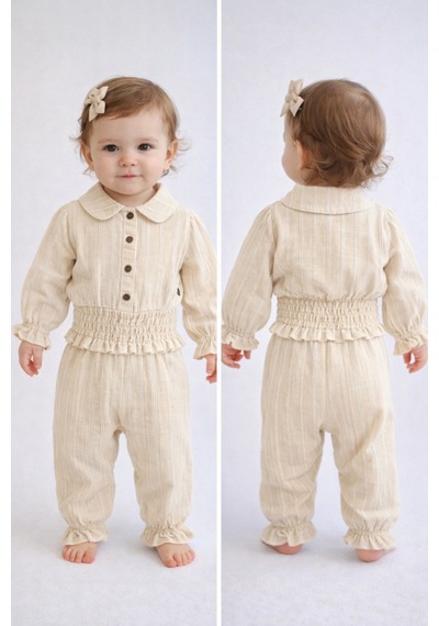 Babyhola Müslin Kız Bebek Bayramlık Takım Simli İp Geçişli Gipe Detaylı 2012 Bej