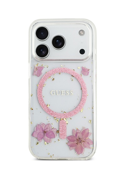 Apple Uyumlu iPhone 17 Pro Kılıf Guess Lisanslı M-safe Şarj Özellikli Transparan Resin Flowers Kapak Pembe Pembe