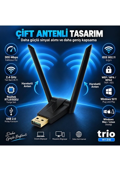 Trıo W136 300mbps Realtek Rtl8192eu Kablosuz Wifi Adaptör, Çift Antenli Usb Wireless Dongle, Pc Laptop Notebook İçin Usb Wifi Alıcı, Windows 10/11 Uyumlu Tak Çalıştır Kablosuz İnternet Adaptörü