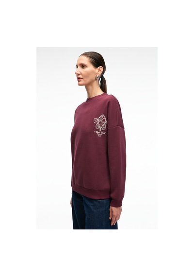Grımelange AUDRA Kadın Oversize Yuvarlak Yaka Nakış Detaylı Bordo Sweatshirt