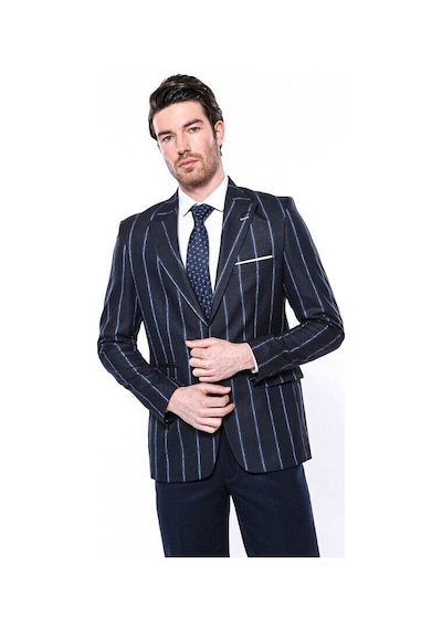 Wessi Çizgili Lacivert Slim Fit Ceket Siyah