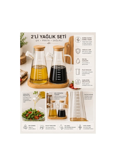 2 Li Yağdanlık Seti Cam Yağ Şişesi, Pratik Kullanım, Mutfak İçin Yağlık Seti Siyah