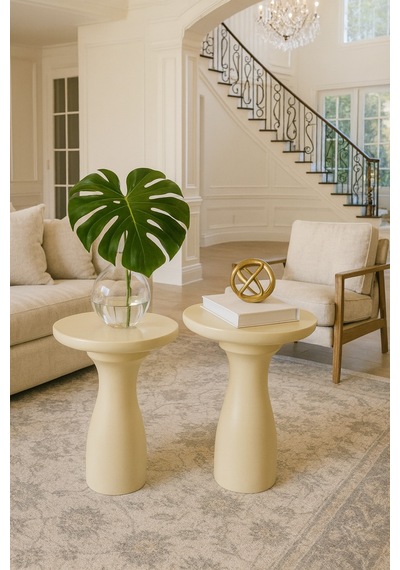 Krem Renk Masif Ahşap Yan Sehpa Modern 2 Li Zigon Takım - Coffee Table Bej