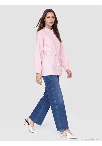 Lcw Modest Pembe Hakim Yaka Beli Kuşaklı Çizgili Kadın Gömlek Tunik
