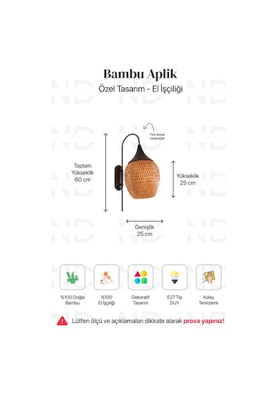 Boja Bambu Siyah Detay Aplik 25x25x60 Cm İskandinav, Modern, Bohem, Rattan, Aydınlatma Bej