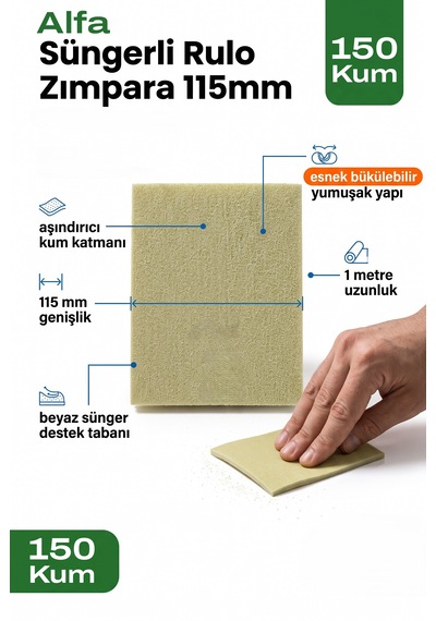 115 Mm Alfa Süngerli Rulo Zımpara 150 Kum 1 Metre Esnek Destek Tabanlı