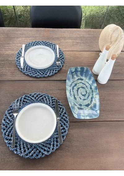 2'li Set Hasır Görünümlü Amerikan Servis-leke Tutmaz Mavi 33 Cm Mavi