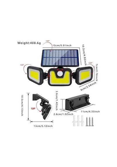 Lunaev Üçlü Solar Led Projektör Beyaz Işık Sensörlü Dış Mekân Aydınlatma