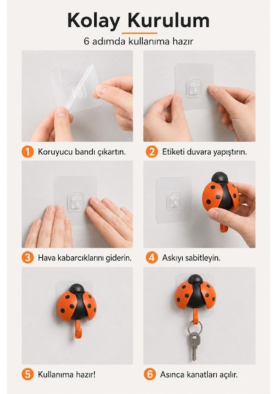 Uğur Böceği Tasarımlı Yapışkanlı Duvar Askısı Çanta Havlu Anahtar Askılık 15x14 Cm Diğer