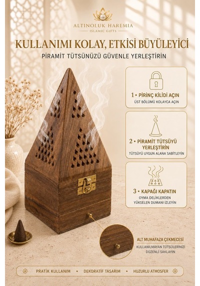 Piramit Ahşap Tütsülük Çekmeceli Dekoratif Piramit Tütsü Kabı