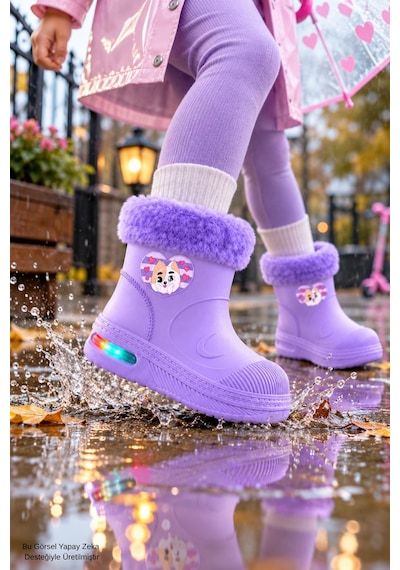 Muggo Muppy Işıklı Kürk Detaylı Unisex Çocuk Günlük Yağmur Ve Kar Botu Lila