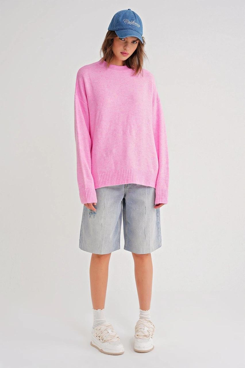 Mixray 6913 Kadın Salaş Yumuşak Dokulu Oversize Triko Kazak Pembe