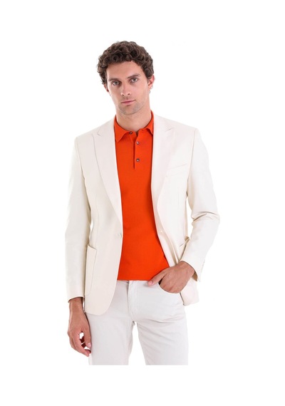 Hatemoğlu Ekru Comfort Fit Düz Mono Yaka Casual Keten Ceket Ekru