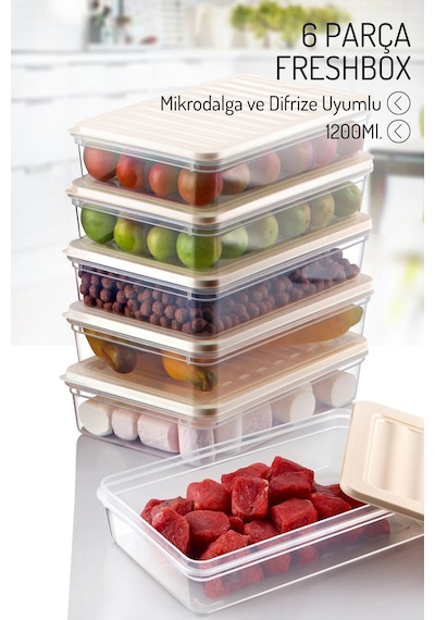 6 Adet 1200ml. Freshbox Saklama Kabı Seti - Mikrodalga Ve Difrize Uyumlu Krem