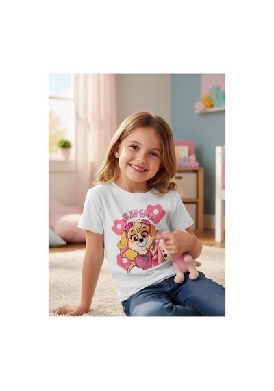 Urbantrendstore Paw Patrol Skye Unisex Kız Çocuk Bisiklet Yuvarlak Yaka Basic Kısa Kollu %100 Pamuk Tişört Beyaz