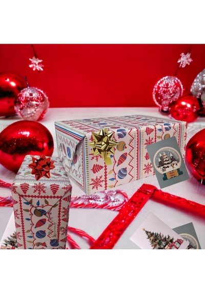 İtalyan Hediye Paketleme Kağıdı, Kar, Çam, Küre Desenli Ambalaj K