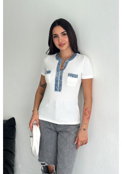 Femelle Kadın Beyaz Kot Detaylı Pul Payet İşlemeli %100 Pamuk Kısa Kol Triko Bluz