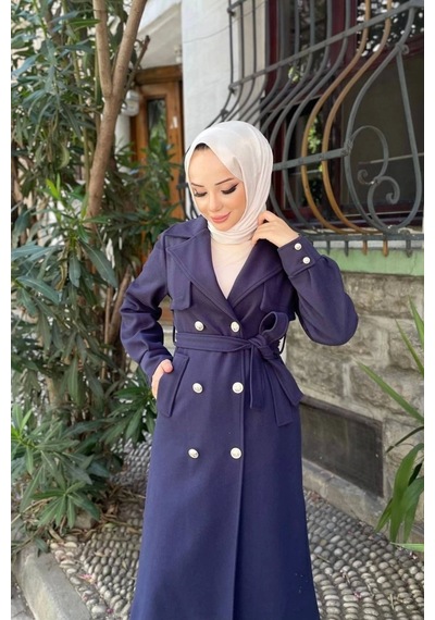 Kadın Kruvaze Polar Kaşe Kaban / M0108 - Lacivert Lacivert