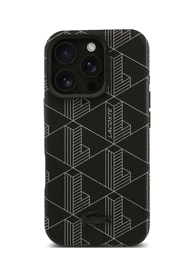 Apple Uyumlu iPhone 16 Pro Max Kılıf Lacoste Lisanslı M-safeli Standlı Pu Karışık Monogram Desenli Kapak Siyah Siyah