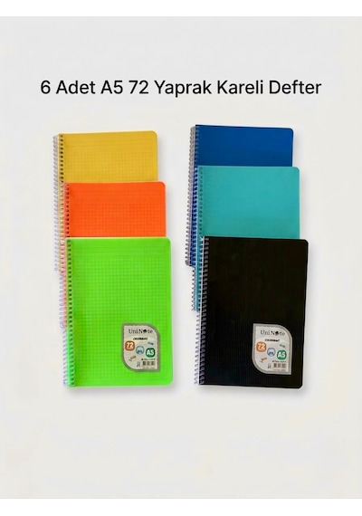 Uninote 6'lı Paket A5 72 Yaprak Kareli Spiral Telli Okul Defteri Seti Çok Renkli