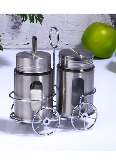 2 Li Paslanmaz Çelik Cam Şekerlik Baharatlık Stantlı 300ml Şeffaf