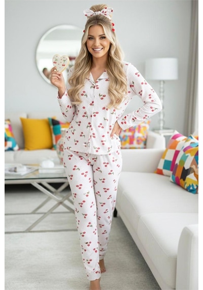 Siyah İnci Mevsimlik İnce Düğmeli Örme Pijama Takım 7978 Kiraz Desen