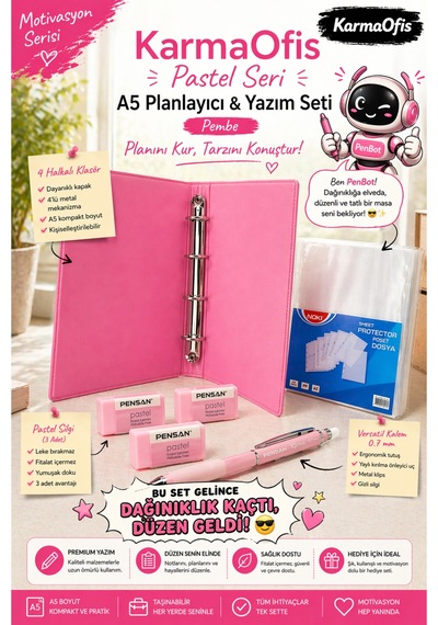 Pastel Pembe Seri A5 Planlayıcı Ve Yazım Seti 4 Halkalı Klasör, Versatil Kalem, Silgi Ve Şeffaf Dosya Pembe