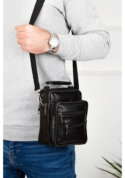 Newish Polo Erkek Hakiki Deri El Omuz Çantası Ve Mekanizmalı Cüzdan 15x19 Cm New101 - Siyah - Antrasit