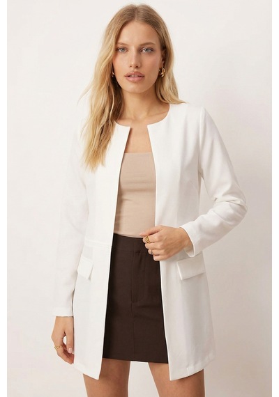 Armonika Kadın Beyaz Beli Dikişli Uzun Ceket Arm-26k001017