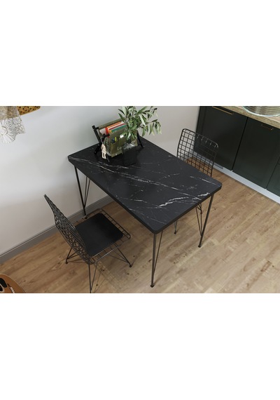 Arya 60x90 İki Kişilik Masa Takımı 2 Tel Sandalye Siyah Mermer